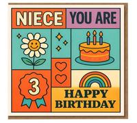 Niece 3rd Birthday Card - Colourful Retro Blocks with Cake, Rainbow, Hearts and Daisy - 'Niece You Are 3 Happy Birthday'