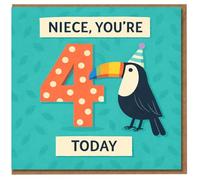 Niece 4th Birthday Card - Cute Toucan with Party Hat and Polka Dot Number 4 - For Niece Age 4 Today