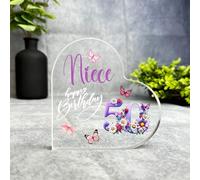 Niece 50th Birthday Present Purple Chamomile Floral Heart Plaque Keepsake Gift - Small Gifts For Him For Her, Present, Acrylic Plaque, Unqiue Gift, Ornament, Décor, Plaque, trinket, Keepsake Gift