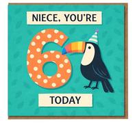 Niece 6th Birthday Card - 'Niece, You're 6 Today' Toucan in Party Hat with Polka-Dot Number 6, Colourful Jungle Animal Design