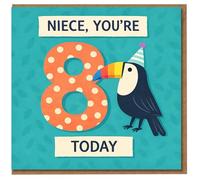 Niece 8th Birthday Card - Toucan with Party Hat and Polka-Dot Number 8 - 'Niece, You're 8 Today'