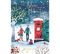 Niece and Your Husband Christmas Card - Snowy Dogs and Robins - Romantic Festive Design - Special Finish - Made in the UK - Eco-Friendly