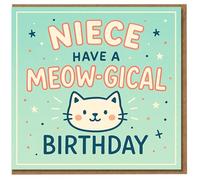 Niece Birthday Card - Cute Cat 'Have a Meow-gical Birthday' Pun, Pastel Stars, Fun Kitty Design for Niece