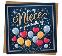 Niece Birthday Card - For My Niece On Your Birthday - Balloons & Hearts Design, Hand Lettered Script, Cute Greeting Card, 145mm x 145mm Square, Includes Kraft Envelope