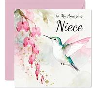Niece Birthday Card - Hummingbird Wishes - Happy Birthday Card for Niece from Auntie Uncle, 145mm Pink Floral Illustration Bday Greeting Cards