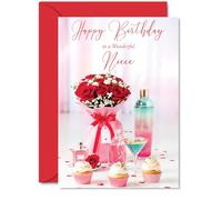 Niece Birthday Card - Red Rose Bouquet - Happy Birthday Card for Niece from Auntie Uncle, 5x7 Inch Floral Cupcake Confetti Bday Greeting Cards