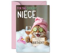 Niece Birthday Card - Relaxing Bath Cat - Happy Birthday Card for Niece from Auntie Uncle, A5 Joke Humour Bday Greeting Cards