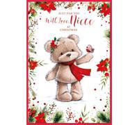 Niece Christmas Card - Bear & Robin with Poinsettia Flowers & Red Foil 7.5" x 5.25"