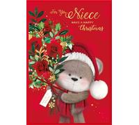 Niece Christmas Card - Santa Bear with Red Rose Bouquet and Gold Foil 7.5x5.25"