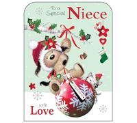 Niece Christmas Card - Special Niece - Dog, Cat and Bauble - Festive Design - Special Finishes and Illustrated Insert Leaf - Made in the UK