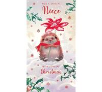 Niece Christmas Card - Special Niece - Snowy Hedgehog and Poinsettia - Artistic Floral Design - Special Finish - Made in the UK - Eco-Friendly