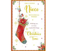 Niece Christmas Card Traditional Stocking Poinsettia 9" x 6" Lovely Verse