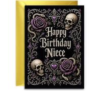 Niece Gothic Birthday Card - Skull and Purple Rose Design with Gold Envelope - UK Made