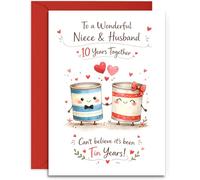 Niece & Husband 10th Anniversary Card - Cute Tin Cans and Hearts Design - 10th Tin Anniversary Card - A5 Size Card with Red Envelope