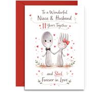 Niece & Husband 11th Anniversary Card - Cute Steel Cutlery and Hearts Design - 11th Steel Anniversary Card - A5 Size Card with Red Envelope