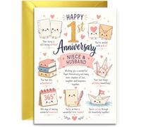 Niece & Husband 1st Anniversary Card - Cute Paper Characters Design -1st Paper Anniversary Card - A5 Size Card with Gold Envelope