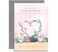 Niece & Husband 35th Anniversary Card - Coral Wedding Anniversary Card - Coral Hearts Design - A5 Size Card with Grey Envelope