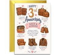 Niece & Husband 3rd Anniversary Card - Leather Theme, A5, Gold Envelope