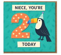 Niece You're 2 Today Birthday Card - Cute Toucan with Party Hat and Polka Dot Number Two on Teal