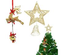 NIEEKRUN Gold Metal Christmas Tree Topper 2PCS Glittered Christmas Tree Topper Star Pentagram Star Christmas Tree Toppers Christmas Reindeer for Christmas Tree Top Home Party Decoration