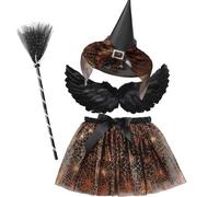 NIEEKRUN Witch Costume Kids 4PCS Halloween Witch Costumes Set with Hat and TuTu Skirt Suit, Black Feather Wings,Broom Magic Fancy Dress Cosplay for Halloween Carnival Party Dress up