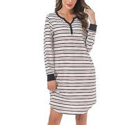 Nieery Long Sleeve Night Dress Womens, Ladies Nighties Cotton Nightdresses Plus Size, Y Neck T-Shirt Lounge Wear Dress Nightshirts (White+Pink+Black, XL)