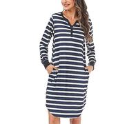 Nieery Long Sleeve Night Dress Womens, Ladies Nighties Cotton Nightdresses Plus Size, Y Neck T-Shirt Lounge Wear Dress Nightshirts (Navy+White, L)