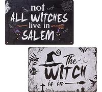 2 Pieces Halloween Witch Tinplate Hanging Signs Halloween Metal Hanging Decor The Witch is in Tinplate Decor Not All Witch Lives in Salem Tin Sign for Halloween Party Front Door Porch
