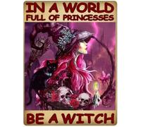 Niekea In A World Full of Princesses Be A Witch Metal Tin Sign Vintage Funny Skull Metal Sign Decor for Women Men Retro Poster Paintings Metal Wall Decor 12 x 8 Inches, Pink Witch