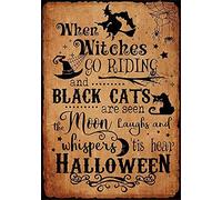 Niekea Retro Metal Tin Sign When Witches go Riding and Black Cats are Seen Halloween Poster, Funny Halloween Witches Black Hat and Cats Print, Witch Halloween Wall Art Vintage Plaque Tin Sign 12"x8"
