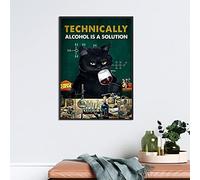 Vintage Metal Tin Sign Black Cat Technically Drink Wine Wall Art, Technically Alcohol Is A Solution, Gift For Wine Drinker, Wine Lovers Poster, Black Cat Owner Tin plaque 12x8 Inch