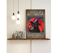 Niekea Vintage Metal Tin Sign Buckle Up Buttercup, My Witch Switch Poster, Halloween Poster, Halloween Decor, Black Cat Decor, Black Cat Wall Art, Black Cat Print Tin plaque 12x8 Inch