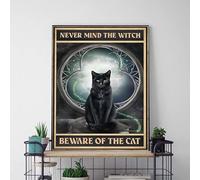 Niekea Vintage Metal Tin Sign Never Mind The Witch Beware Of The Cat Poster, Black Cat Witch Poster, Black Cat Poster, Cat Lover Gift, Cat Mom Gift, Witch Gift Tin plaque 12x8 Inch