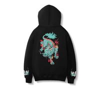 Niepce Inc Streetwear Men's Dragon Embroidered Heavyweight Graphic Hoodies, Black-blue-kirin, 3XL