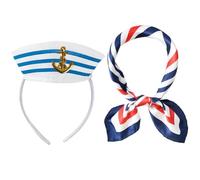 Nievajio 1 Piece Navy Cap Headband, Blue and White Striped Sailor Captains Hat＆Red Edge Blue Bar Square Scarf，Navy Outfit Dressing Up Party for Women Men Costume Accessory