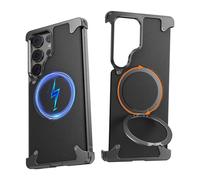 NIFBANG Leather Case for Samsung Galaxy S25 Ultra Leather Case with Magsafe, 360° Rotating Stand Mobile Phone Case, Genuine Leather Anti-Scratch Thin Frameless Shockproof Bumper Protective Case for