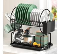 niffgaff 2-Tier Dish Drying Rack for Kitchen Countertop - Stainless Steel Dish Drainer with Drip Tray, Draining Board & Utensil Holder & cup holder for Small Spaces, black