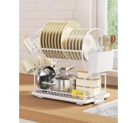 niffgaff 2-Tier Dish Drying Rack for Kitchen Countertop - Stainless Steel Dish Drainer with Drip Tray, Draining Board & Utensil Holder & cup holder for Small Spaces, white