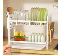 niffgaff 2 Tier White Dish Drainer Rack with Drip Tray (52 * 24.5 * 34.5), Dish Drying Rack Kitchen with Utensil Cutting & Board Holder for Kitchen Counter