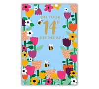 Nigel Quiney 14th Birthday Card for Girls - Vibrant Flowers and Bees Design - Foil Finish - Pretty Birthday Greeting Card for Her