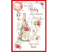 Nigel Quiney 40th Milestone Ruby Anniversary Card - 40 Years - Champagne, Flowers and Balloon with Foil Finish - Eco-Friendly and Recyclable