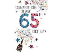 Nigel Quiney 65th Birthday Card, Colourful Stars and Champagne Popper Design, Congratulations Celebration Card