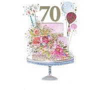 Nigel Quiney 70th Birthday Card, Floral Tiered Cake with Balloons Design, Premium Quality Card Stock with Gold Detailing
