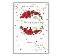 Nigel Quiney Anniversary Card for Wife- Elegant Red Rose Wreath with Foil Details - Foil Finish - Happy Anniversary Greeting Card for a Wonderful Wife - For Her