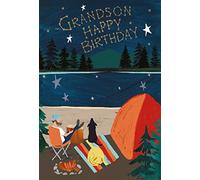 Nigel Quiney Artistic Birthday Happy Birthday Grandson Greeting Card From The Wild Wood Range - Man And Dog Camping By A Lake Under Night Sky - Gold Foil Finish