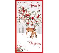 Nigel Quiney Artistic Christmas Greeting Card - Lovely Auntie - Deer With Floral Antlers Illustration - With A Red Foil Finish - From The Pizazz Range