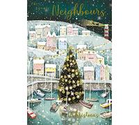 Nigel Quiney Artistic Christmas Greeting Card - Lovely Neighbours - Christmas Tree Harbour - Stunning Illustration With A Gold Foil Finish