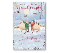 Nigel Quiney Artistic Christmas Greeting Card - Special Couple - Sheep With Woolly Scarves In Woodland Illustration - With A Red Foil Finish