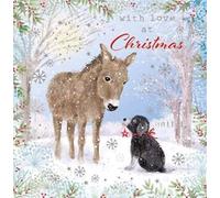 Nigel Quiney Artistic 'Happy Christmas' Card - Cute Donkey And Puppy Winter Scene - Beautiful Illustration Of A Countryside - Embossed Foil Finish