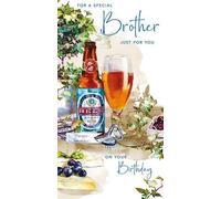 Artistic Male Birthday Card From Nigel Quiney - Special Brother - Birthday Beer - Sophisticated Blue Foil Finish (NQ-PR89)